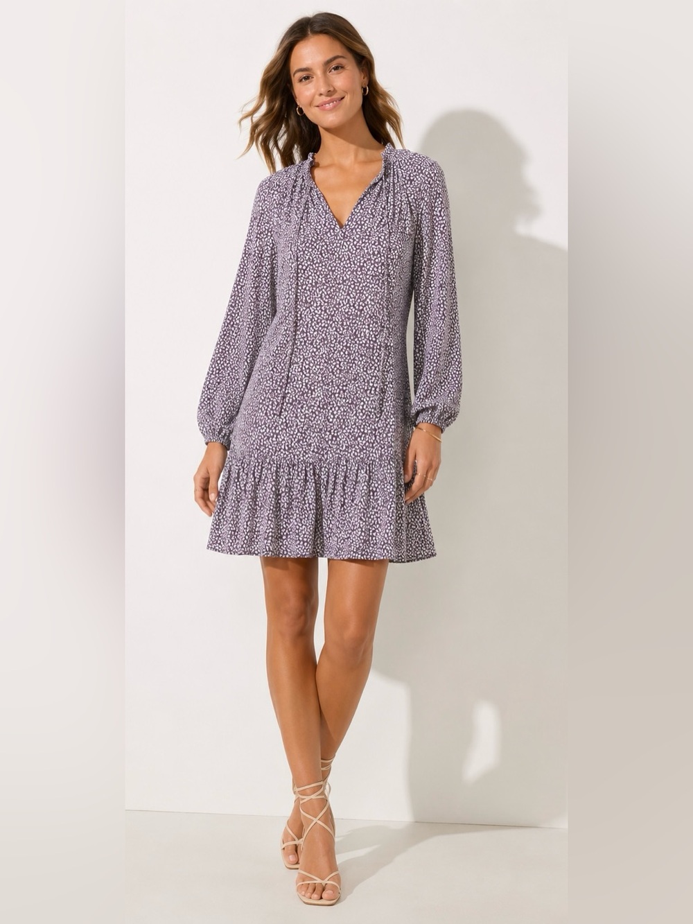 LOFT BoHo Maroon and Cream Printed Long-Sleeve Mini Dress Size 6